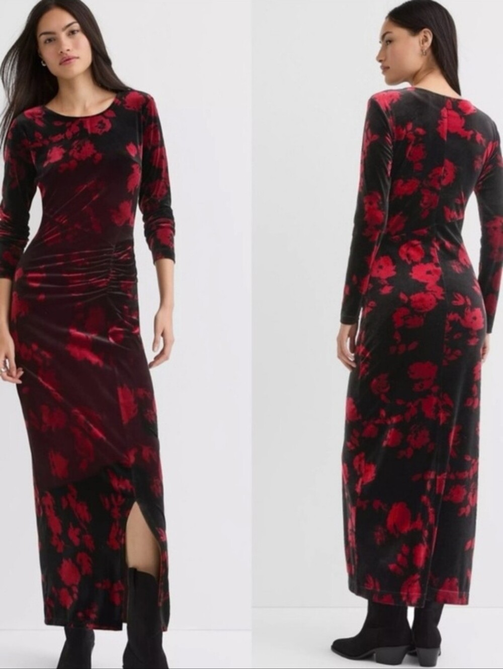 LOFT Black Velvet Long-Sleeve Midi Dress with Red Floral Pattern